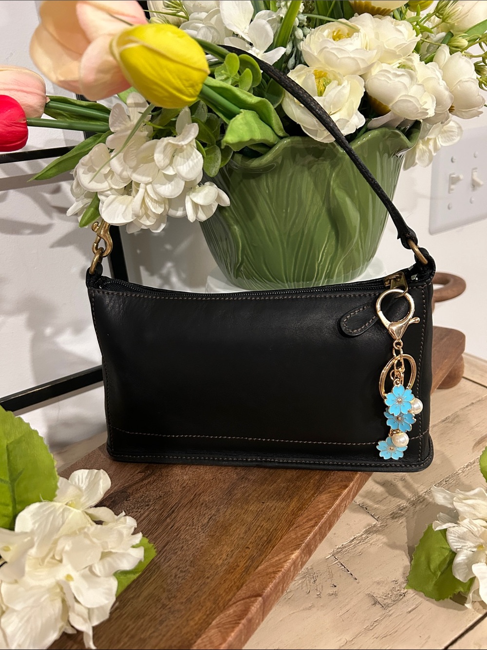 Coach Black Mini Shoulder Bag with Blue Flower Charm